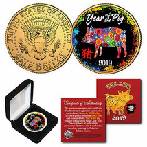 2019 Lunar New YEAR OF THE PIG 24K Gold Plated JFK Half Dollar Polychrom... - $12.16