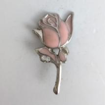 Vintage Jeweled Light Pink &amp; Silver Long Stemmed Rose Lapel Hat Pin Broach - £6.37 GBP