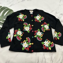 Talbots Vintage Crochet Fruit Cardigan Sweater Size L Petite Black Colorful - £33.91 GBP