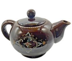 Japanese Red Ware Teapot Moriage Style Brown Glaze Hand Painted Blossoms... - $12.19