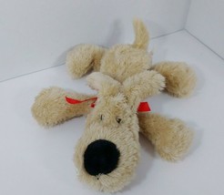 Oriental Trading Puppy Dog tan beige Plush Red Heart Ribbon bow big nose lying - $13.36