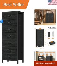 Compact Black Oak Storage Tower Dresser with 7 Fabric Bins - Easy to Org... - $102.46