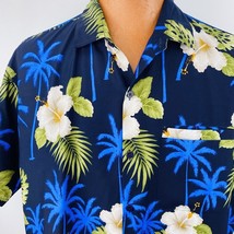 Rima Beach Wear Large Aloha Hawaiian  Shirt Hibiscus Flower Palm Trees Blue - £32.12 GBP