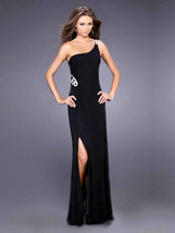 La Femme One Shoulder jewel O Rings Jersey Gown Sz 2 Black - £87.66 GBP