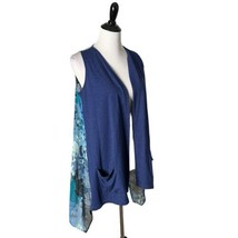 LOGO Lori Goldstein Open Front Cardigan Sheer Back Pockets Blue Hi Low Size S - £17.45 GBP