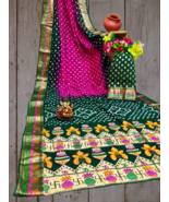  Original Bandhej Silk Saree,Zari Weaving Kalash&amp;Swastik Design Rich Pal... - $100.00