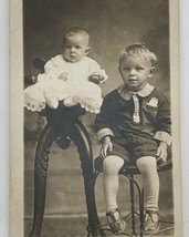 RPPC Young Boy w Baby Brother High Bar Stool Vintage Real Photo Postcard 1920 - £4.74 GBP