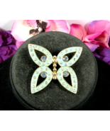 Rhinestones MINT GREEN BUTTERFLY BROOCH Vintage Pin Blue &amp; AB Stones Gol... - $19.79