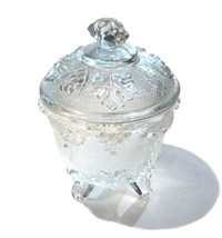 Vintage 1950s Jeanette Glass 4-Footed Clear Covered Candy Dish Grape Leaf Design - £19.99 GBP