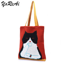 YoReAi Girls Cute Cat Pattern Knitting Top-handle Tote Bag Female Book Bags Kawa - £31.41 GBP