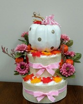 Mauve , Pink , and Gold Autumn Baby Shower Little Pumpkin Burlap Diaper Cake - £51.94 GBP