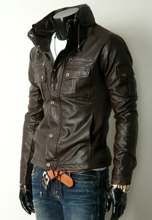 Luxury Brown Biker Jacket Men Leather With Front Buttons Zip Closure Pockets