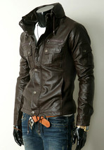 Luxury Brown Biker Jacket Men Leather With Front Buttons Zip Closure Pockets  - £109.52 GBP