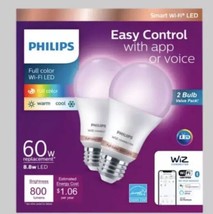 Philips A19 Smart Led Light Bulb 60W Wiz WI-FI Full Color 800 Lumen 2PACK 472027 - £9.82 GBP