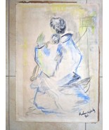 Vintage 1960 Romanian Zoltan Perlmutter Painting, Woman Holding Child 50... - $184.00