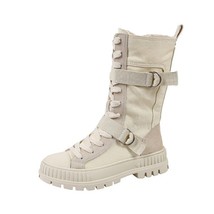 Women Nakle Boots Canvas Round Toe Mid Heel Boots For Woman Fashion Platform Lac - £47.52 GBP