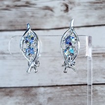 Vintage Clip On Earrings Silver Tone &amp; Iridescent Blue - £11.76 GBP