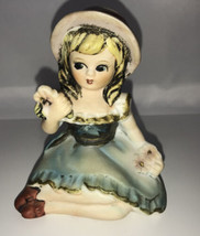 Lefton Porcelain Sitting Girl with Flowers in Blue Dress ~Hand Painted~  #3871 - £12.82 GBP