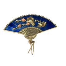 Vintage Blue Enameled Fan Brooch Pin Bird Floral Trimmed In Gold - £15.05 GBP