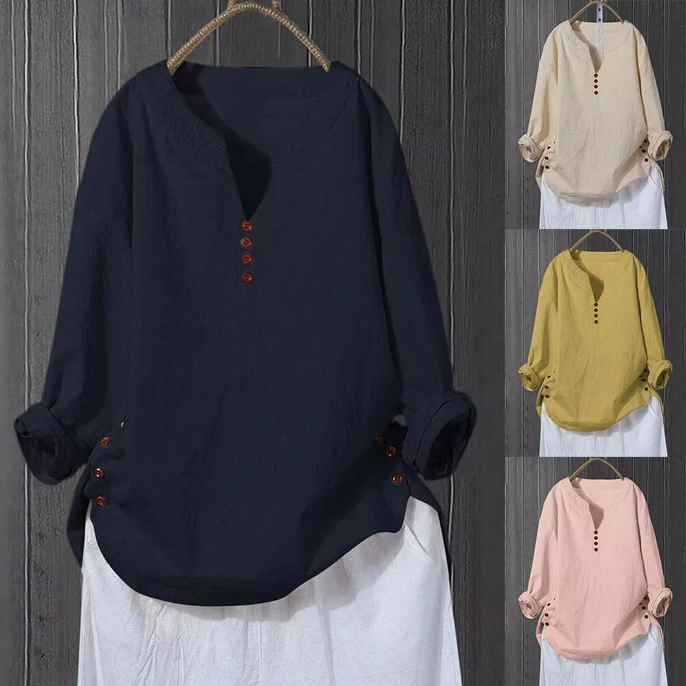 Autumn Ladies Solid Cotton Linen Casual Long Sleeve Pullover T-shirts Bl... - $20.11