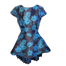 Lulus Navy Blue Satin Mini Dress Teal Cap Sleeve Pleated Floral Fit n Flare Sz M - £22.29 GBP