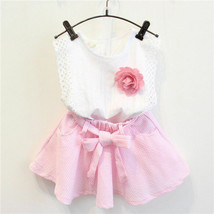 2pc Kids Baby Girl Floral Sleeveless White Blouse+Pink Skirt Summer clot... - £9.58 GBP