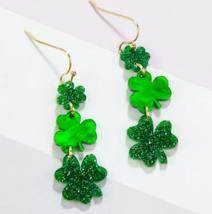 St Patrick&#39;s Day - Lucky 4 Leaf Clover Green Acrylic Dangle Earrings - £6.38 GBP