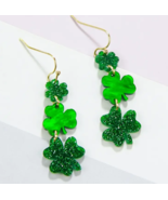 St Patrick&#39;s Day - Lucky 4 Leaf Clover Green Acrylic Dangle Earrings - £6.27 GBP