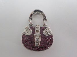 Small Jeweled Charm Purse Purple and White/Clear Faux Diamonds Silver Color Back - £4.00 GBP