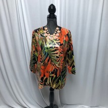 Toni Morgan Top Womens Size Medium Shiny Floral Orange Black Stretchy Bl... - $17.63