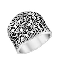 Gorgeous Detailed Flower of Life Wide Band Sterling Silver Ring-8 - £17.88 GBP