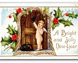 Cherub Holly Icicles Bright Jolly New Year Embossed UNP Unused DB Postca... - $4.90