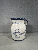 Vintage Maja All God&#39;s Children Ceramic Blue Pitcher 8.5&quot; Tall - $15.98