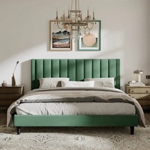 King size Modern Green Velvet Upholstered Platform Bed with Headboard - $9,383.52 MXN