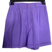 Vintage 80s High Rise Pleated Shorts S Purple Cuffed Pockets Button Belt Loops - £17.76 GBP