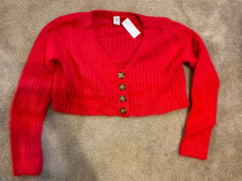 Urban Outfitters Chunky Cropped Cardigan Sweater Medium Red V-Neck Long Sleeves - £21.94 GBP