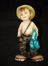 Old Vintage 1940&#39;s Chalkware Boy in Dad&#39;s Fishing Waders Shelf Figurine ... - £11.67 GBP