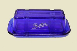 Cobalt Blue Glass Butter Dish Script Printed Embossed Depression Retro Style - £18.74 GBP