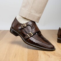 Genuine Ostrich Leg Double Monk Strap Shoes Napoli Brown image 11