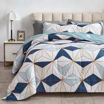 3 Piece Modern Triangles Comforter Set Full Queen Size, Blue And Navy Geometric  - £51.40 GBP