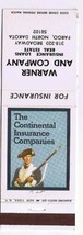 Fargo North Dakota Matchbook Cover Warner &amp; Company Continental Insurance - $1.97