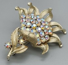 Signed Coro Gold tone Flower brooch with clear AB rhinestones - £31.14 GBP