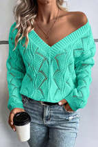 Mint Green Hollow Out Knit V Neck Drop Shoulder Sweater - £30.31 GBP