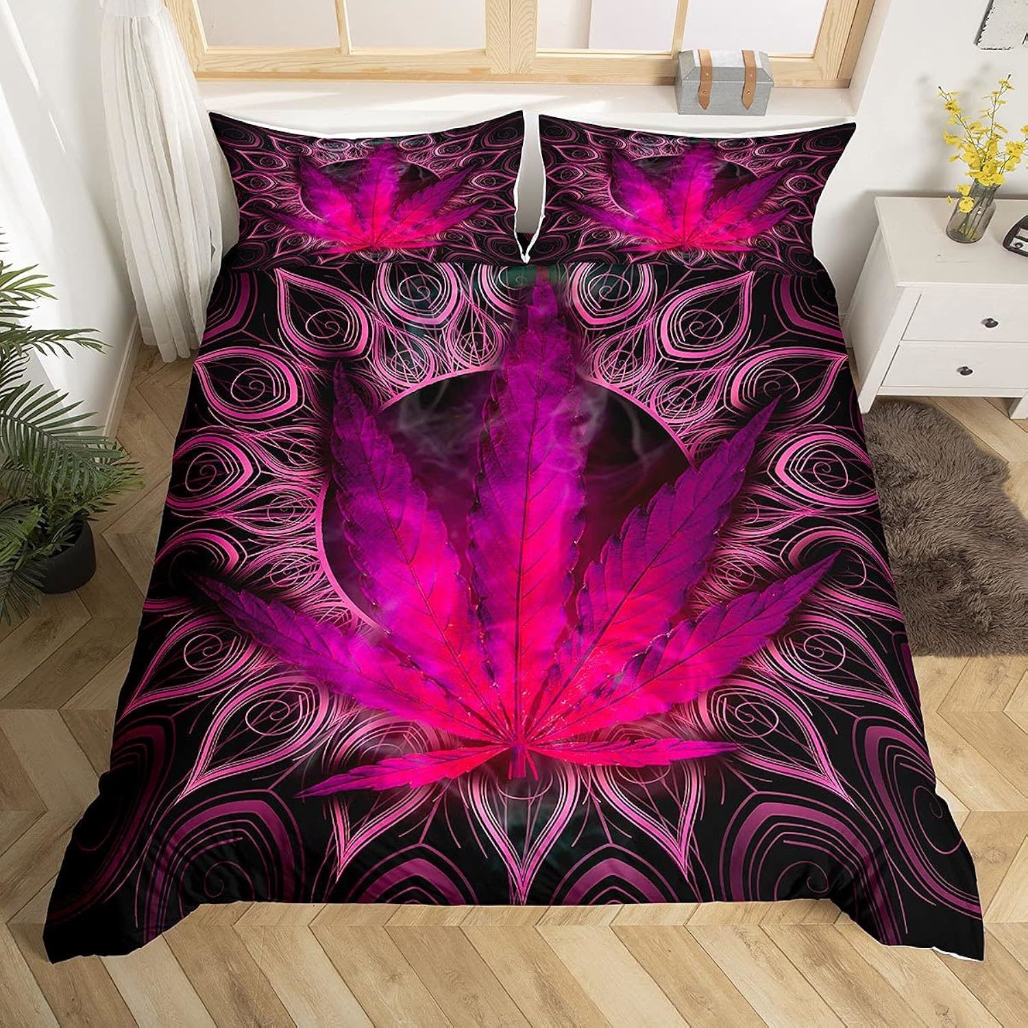 Cannabis Leaf Bedding Set Purple Marijuana Decor Comforter Cover Boho Exotic Mar