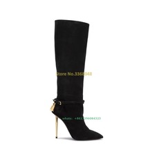 Padlock Key Soft Suede Knee High Boots Sexy Pointed Toe Stiletto High Heel Ankle - £168.82 GBP