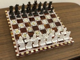 Handmade Chess pieces Camel Bones &amp; Chess Board Inlaid mother of Pearl 12&quot; - £155.39 GBP