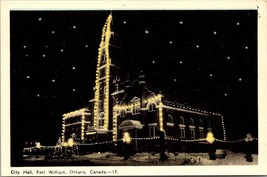 Canada Ontario Fort William City Hall Christmas Lights Night Vintage Postcard - £11.31 GBP