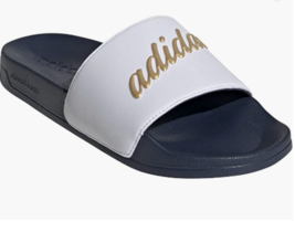 adidas Women&#39;s Adilette Slides Sandal White/Gold Metallic/Shadow Navy Size 9 - £23.91 GBP