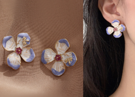 Lucky grass Purple Flower earrings French retro court elegant drop glaze - £15.77 GBP
