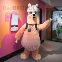 Peach Llama mascot costume character dressed with a Jumpsuit and Clutch bags - $1,249.00